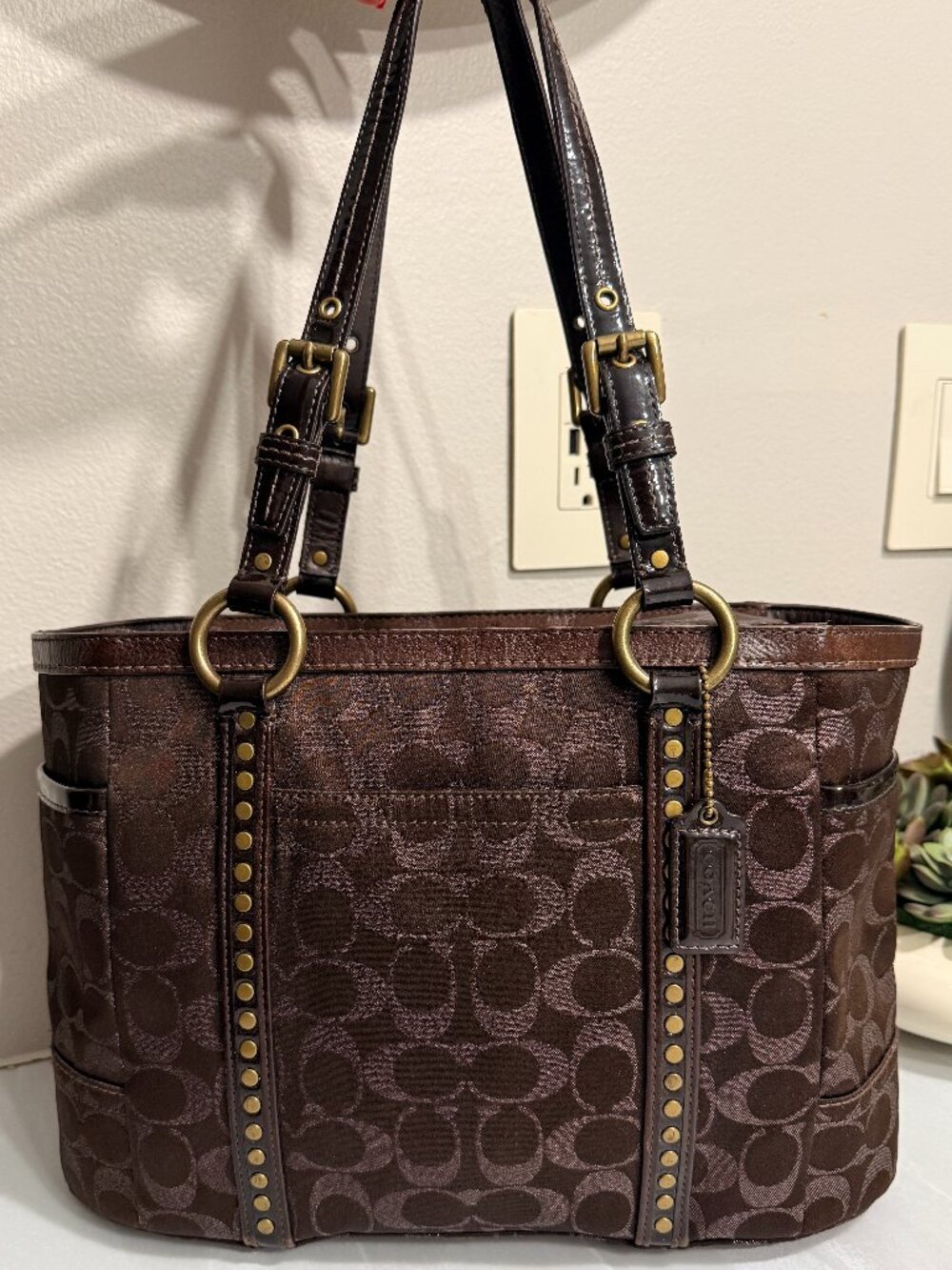 Dark Chocolate Brown Coach Signature Studded Lurex Tote Bag - Picture 2 of 14
